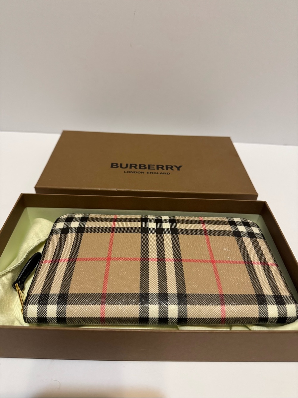 Burberry Tan Check Zip Card Holder with Black and Red Accents
